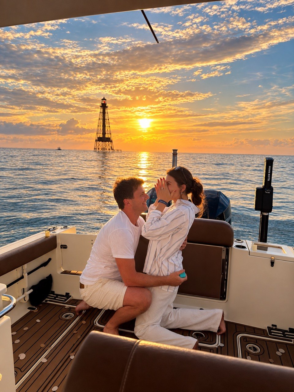 Romantic proposal aboard The Bougie Girl at sunset with Alligator Reef Lighthouse in the background